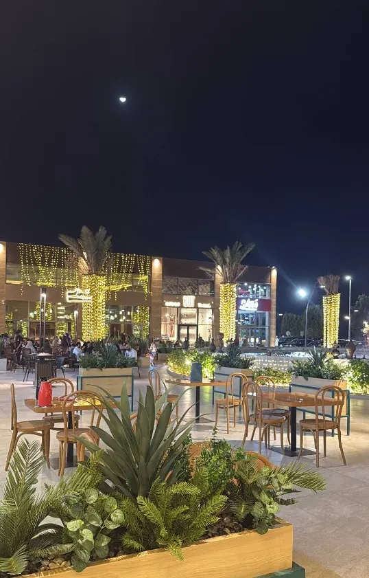 The plaza at night with café tables among planters and lit palm trees